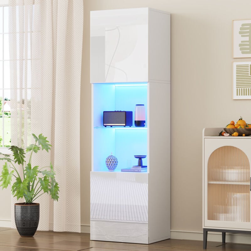 Vitrine haute brillance avec éclairage LED, 1 étagère en verre, 45x35x160 cm, armoires hautes, armoires de stockage, blanche