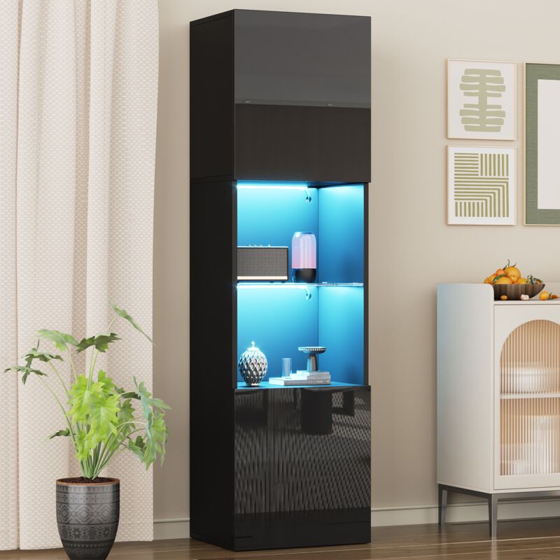 Vitrine haute brillance avec éclairage LED, 1 étagère en verre, vitrine sur pied, 45x35x160 cm, meuble haut - Noir