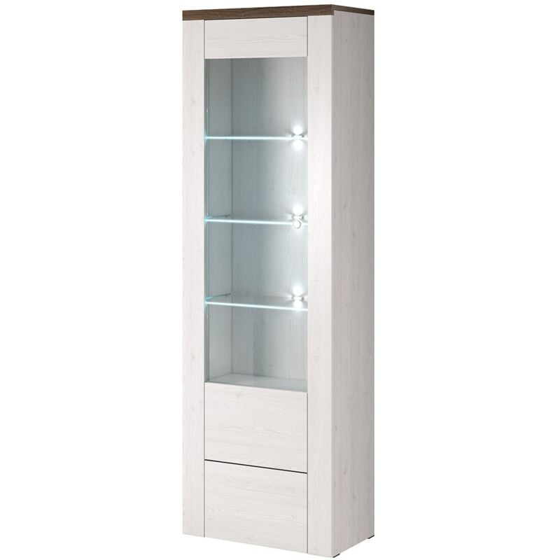 Meublorama - Vitrine haute design 1 porte avec éclairage led collection santiago. Coloris blanc effet bois et chêne.
