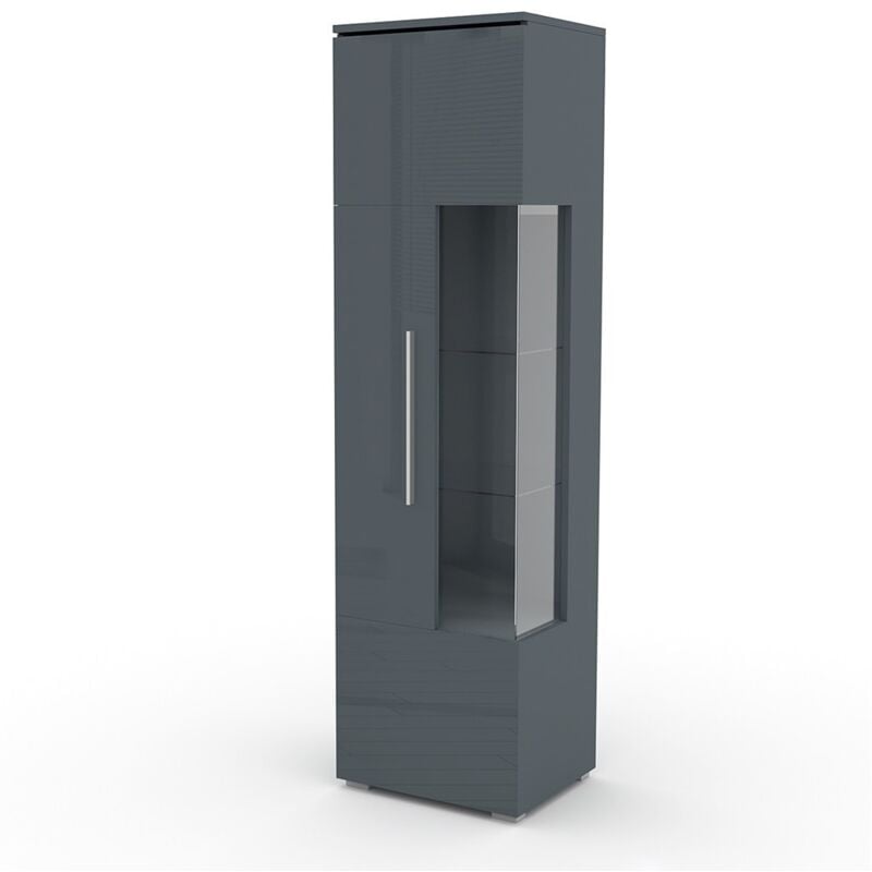 Meublorama - Vitrine haute design avec éclairage collection bombay. Coloris gris brillant. Ouverture Gauche