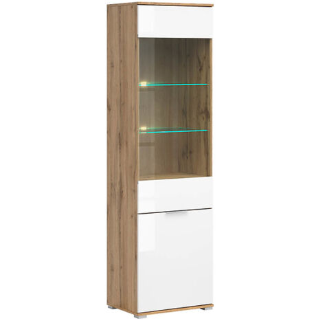 Vitrine haute en verre trempé à 2 portes avec éclairage LED coloris Chêne wotan/Blanc brillant - Longueur 56 x Profondeur 41 x Hauteur 195 cm