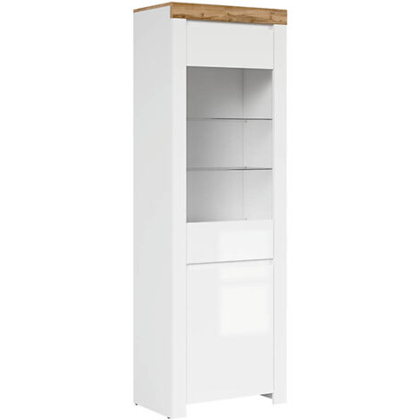 Vitrine haute en verre trempé à 2 portes,coloris Blanc/Chêne wotan - Longueur 68 x Profondeur 42 x Hauteur 203,5 cm
