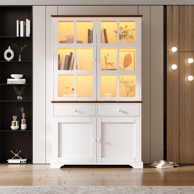 Vitrine haute vitrée 120x36.5x200 cm avec LED, Buffet haut 2 tiroirs 4 portes, meuble multifonction grand rangement salon, blanc