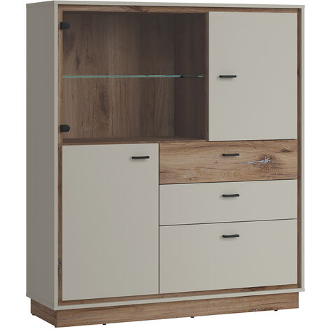 Vitrine Highboard in Flagstaff Eiche Nb. und grau RAMVIK-129, B/H/T ca. 124/143/40 cm