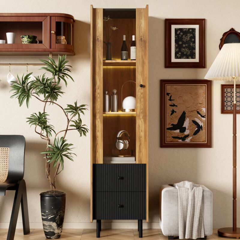 Fortuna Lai - Vitrine huat - meuble haut 180 x 44 x 40 cm - avec porte vitrée, éclairage led jaune et 2 tiroirs - grain de bois noir