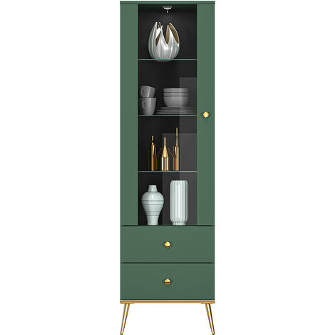 Vitrine in grün mit Beleuchtung, goldfarbenen Griffen und Füßen FASANO-131, B/H/T ca. 55/190/40 cm