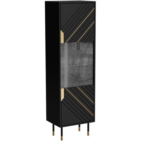 Vitrine Ippoliti, vitrine de salon avec portes vitrées et détails, surélevée du sol, 54x40 h180 cm, noir et or