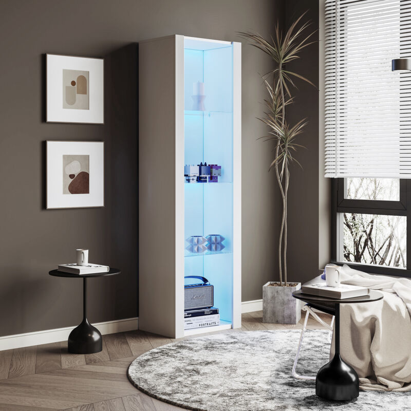 Modernluxe - Vitrine l 166cm avec led - 3 étagères en verre - Blanc