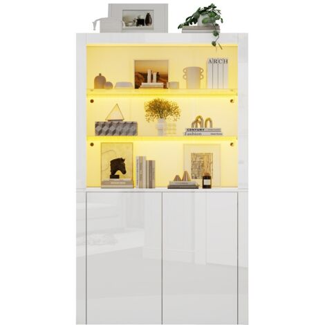 Vitrine-laque-brillant-éclairage-LED-armoire-haute-étagère-verre-trempé-rangement-salon-100x35x170cm