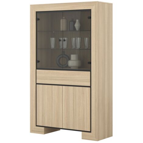 Vitrine large COPA – 4 portes (2 vitrées, 2 pleines) et 1 tiroir – Chêne élégant – Éclairage LED intégré