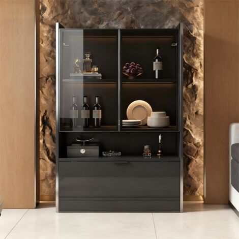 Vitrine LED 120cm - Portes en Verre Trempé & Étagères Réglables - Pour Salon, Collection - Noir Mat