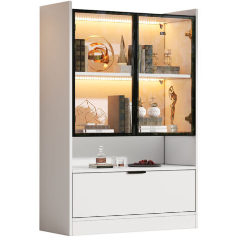 Vitrine LED 120cm - Portes en Verre Trempé & Rangements - Pour Salon, Collection - Blanc Mat
