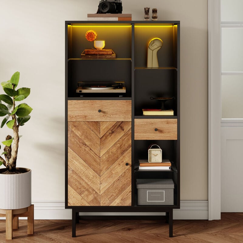 Vitrine led 150.5x80x40cm - meuble de cuisine avec tiroirs et étagères en verre - grain de bois triangulaire, noir + bois