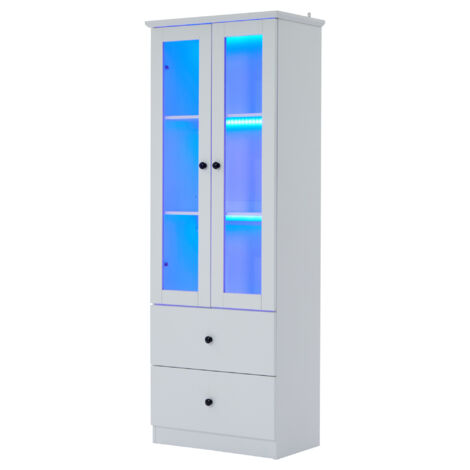 Vitrine LED 165cm blanche mate,télécommande 16 couleurs + port USB,2 tiroirs,étagères réglables,meuble salon MDF vertical
