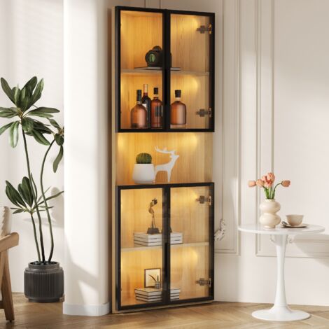 Vitrine LED 62×32×160cm chêne,éclairage intégré et verre trempé antipoussière. Modèle d’angle pour collection,bibliothèque,cave à vin et salle de bain