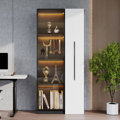 Vitrine LED avec porte en verre, tiroir latéraux coulissants, armoire à roulettes MDF, 70x40x160 cm, noir/blanc