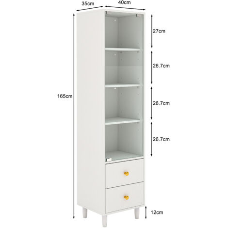 Vitrine LED avec portes vitrées et 2 tiroirs,style moderne poignées dorées. Couleur blanc,dimensions H165/W40/D35cm pour objets de collection.