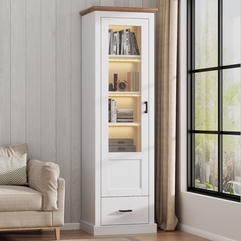 Okwish - Vitrine led blanc mat avec port usb, éclairage led 16 couleurs, vitrine autoportante, vitrine haute en verre avec tiroir, hauteur 178 cm