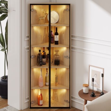 Vitrine LED en chêne-Vitre trempé étanche-Bibliothèque ou cave à vin-Vitrine d'angle avec porte-62x35x160cm
