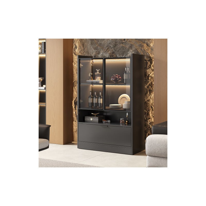 Wishdor - Vitrine noir mat, vitrine 120 cm avec éclairage led 16 couleurs télécommandé, rangement porte abattante et rangement ouvert, 2 compartiments