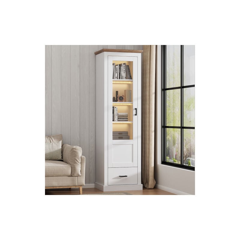 Vitrine blanche mate, vitrine 178 cm avec port USB, éclairage LED 16 couleurs télécommandé, 1 tiroir, 5 compartiments, décoration bois, MDF