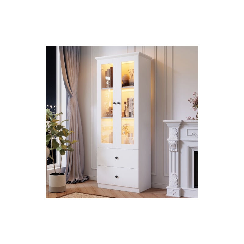 Wishdor - Vitrine blanc mat, vitrine 165 cm avec port usb, éclairage led 16 couleurs télécommandé, 2 tiroirs, étagères réglables, mdf