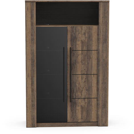 Vitrine meuble de rangement 2 portes couleur chêne foncé / noir - Largeur 114 x Profondeur 39,6 x Hauteur 175,8 cm