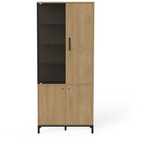 Vitrine meuble de rangement 4 portes couleur chêne / noir - Largeur 93,4 x Profondeur 39,6 x Hauteur 186,1 cm