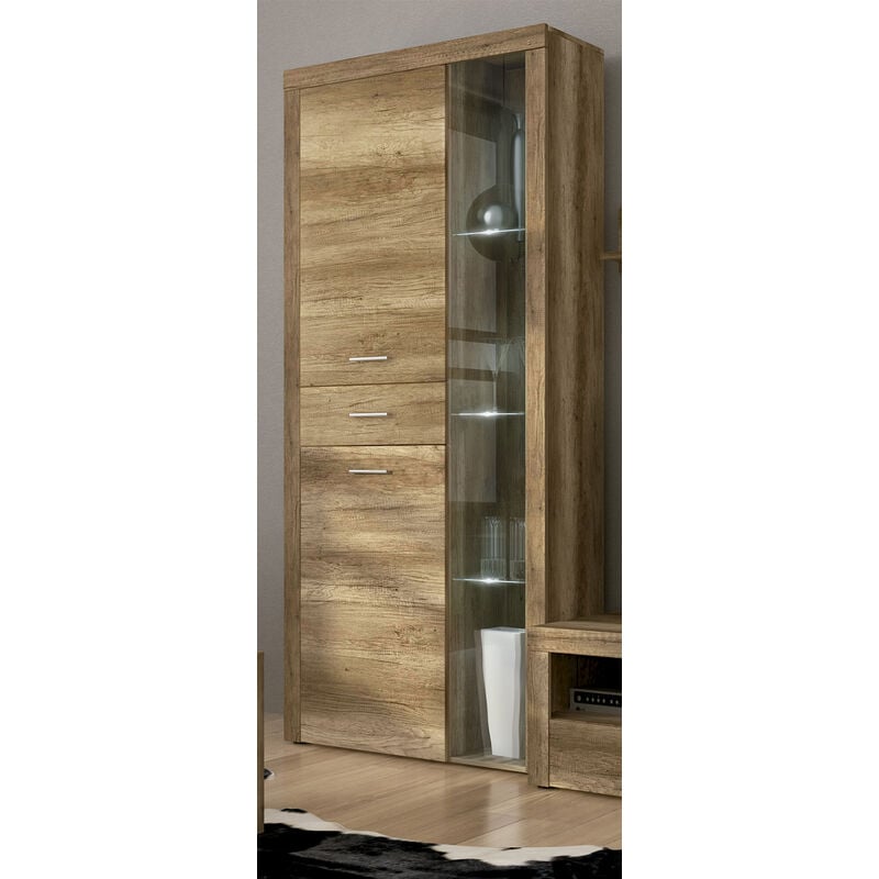 Pegane - Vitrine, meuble de rangement avec led coloris chêne vieilli - Longueur 95 x profondeur 34,60 x hauteur 212 cm