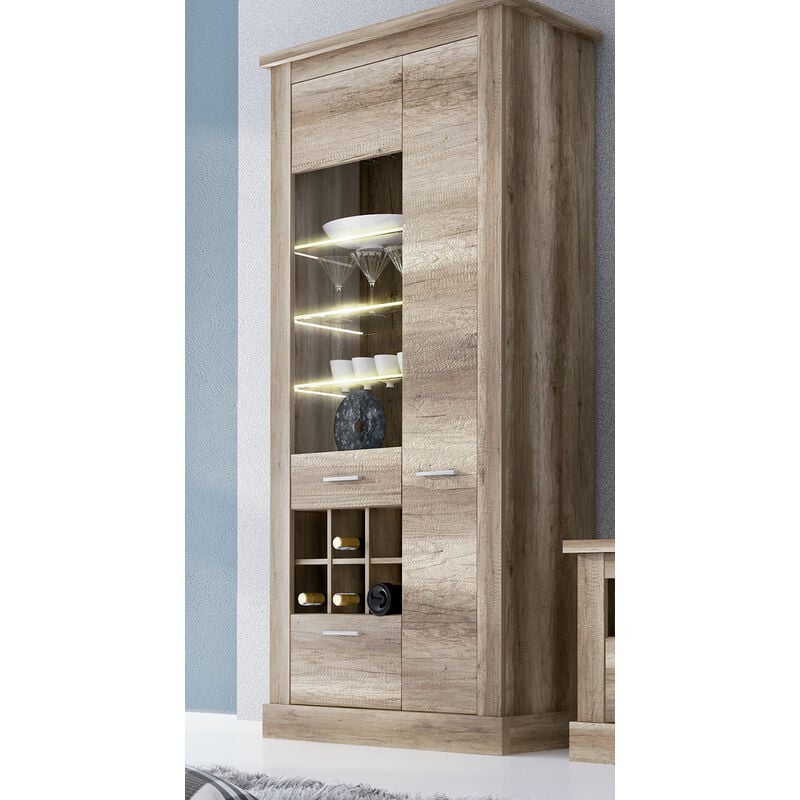 Pegane - Vitrine, meuble de rangement avec led coloris chêne vieilli - Longueur 96 x profondeur 41,8 x hauteur 201,6 cm