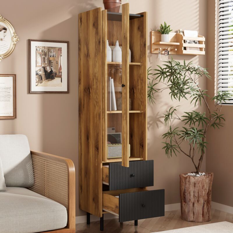 Vitrine, meuble haut, 2 tiroirs, effet bois - 180 x 44 x 40 cm, avec porte vitrée, lumière led jaune, noir