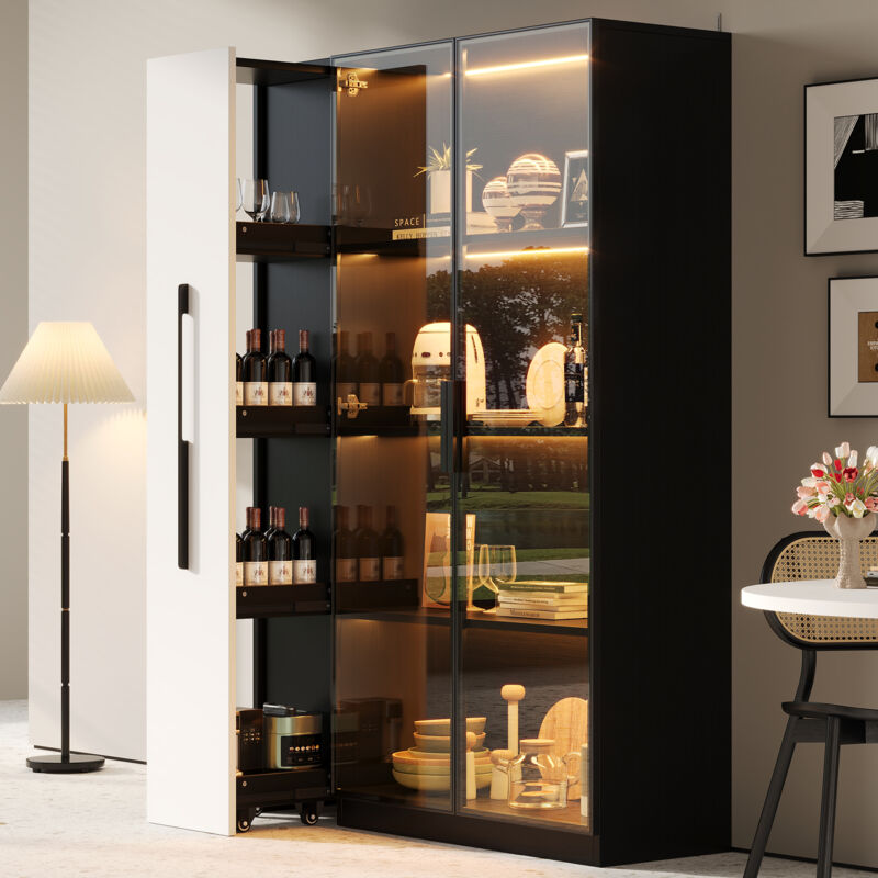 Stilvora Vitrine Mit Glastür Und Led, Mit Seitenauszug Und Stauraum, Modernes Design, Aus Mdf Und Glas, Schwarz, 110, 5×35×160 Cm