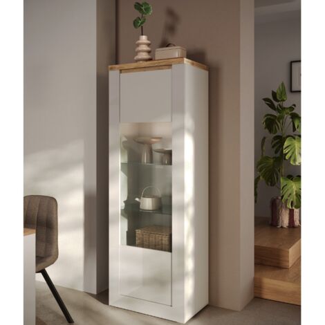 Vitrine moderne 1 porte laqué blanc et bois + led ARIA