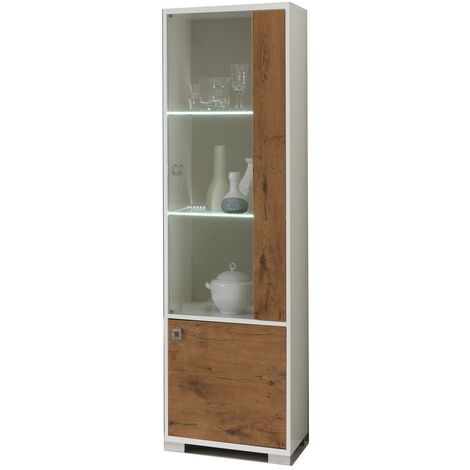 Vitrine moderne 1 porte vitrée à Led bois Oak et blanc brillant Sting 60cm