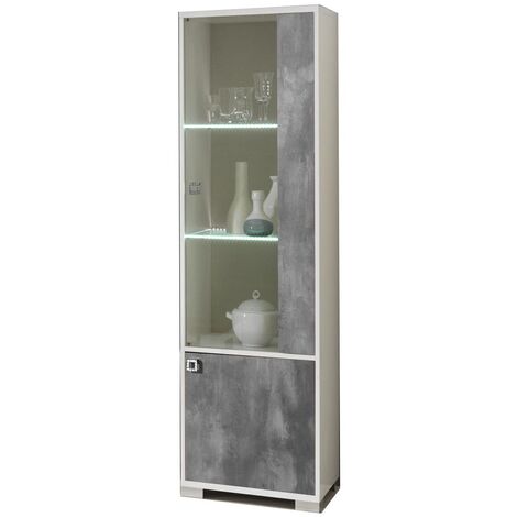 Vitrine moderne 1 porte vitrée à Led gris béton et blanc brillant Sting 60cm