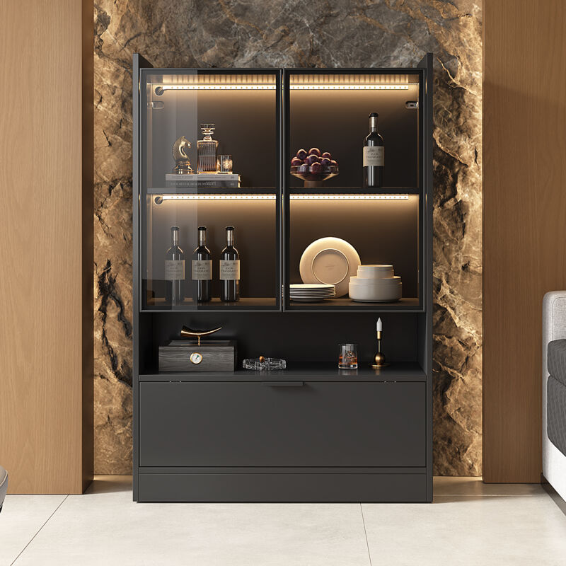 Neche – Vitrine moderne en verre noir mat avec éclairage LED 16