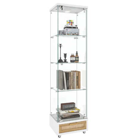 Vitrine moderne en verre trempé avec éclairage LED et tiroirs,quatre étagères de rangement,adaptée au salon et chambre.