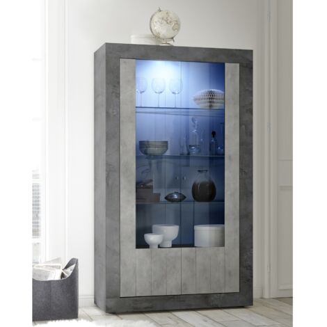 Vitrine moderne gris oxyde et gris béton 2 portes 110cm NIO