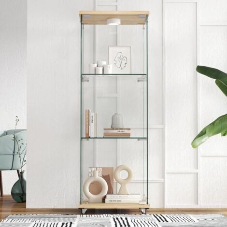 Vitrine moderne verre trempé LED, 1 porte 3 niveaux, aspect bois naturel, salon chambre 36,5x42,5x121,7 cm