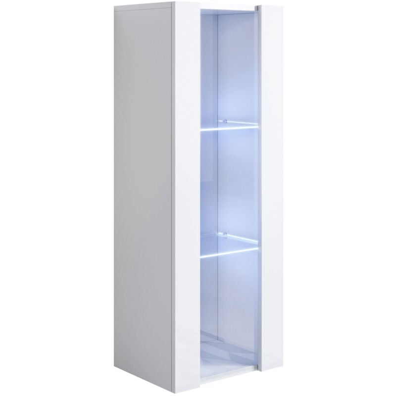Vitrine murale 1 porte avec led Meuble de Rangement suspendu 40x126x29cm 3 compartiments Modèle Luke V2 Blanc Finition brillante