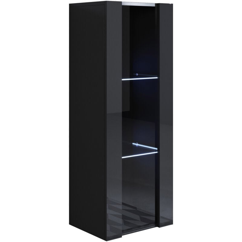Vitrine murale 1 porte avec led Meuble de Rangement suspendu 40x126x29cm 3 compartiments Modèle Luke V2 Noir Finition brillante