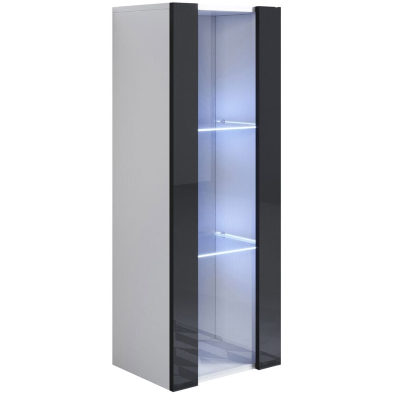 Vitrine murale 1 porte avec led Meuble de Rangement suspendu 40x126x29cm 3 compartiments Modèle Luke V2 Blanc et Noir Finition brillante