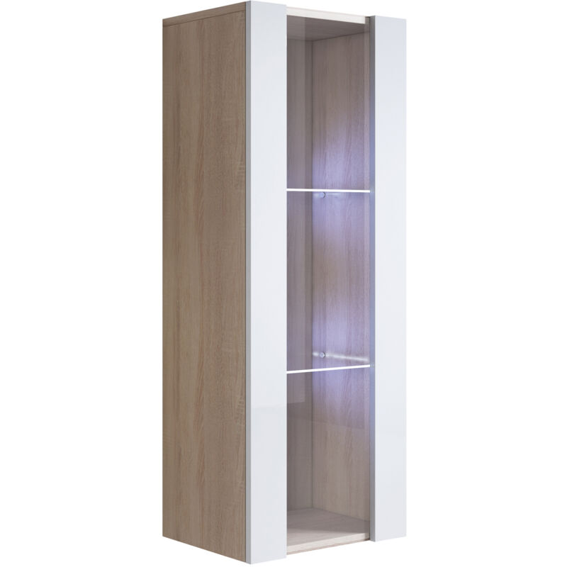 Vitrine murale 1 porte avec led Meuble de Rangement suspendu 40x126x29cm 3 compartiments Modèle Luke V2 Sonoma mat et Blanc Finition brillante