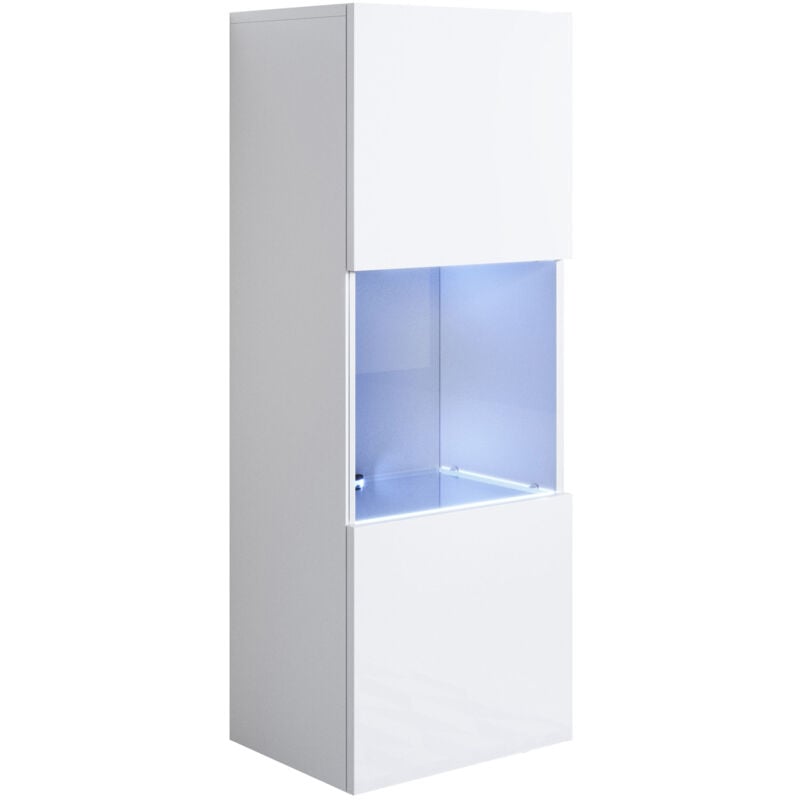 Vitrine murale 1 porte avec led Meuble de Rangement suspendu 40x126x29cm 3 compartiments Modèle Luke V3 Blanc Finition brillante