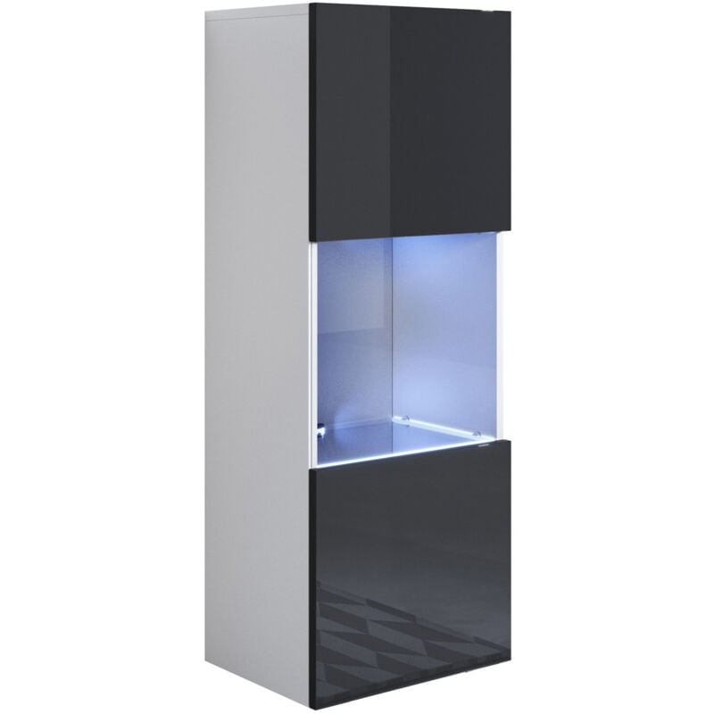 Vitrine murale 1 porte avec led Meuble de Rangement suspendu 40x126x29cm 3 compartiments Modèle Luke V3 Blanc et Noir Finition brillante