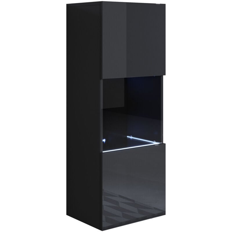 Vitrine murale 1 porte avec led Meuble de Rangement suspendu 40x126x29cm 3 compartiments Modèle Luke V3 Noir Finition brillante