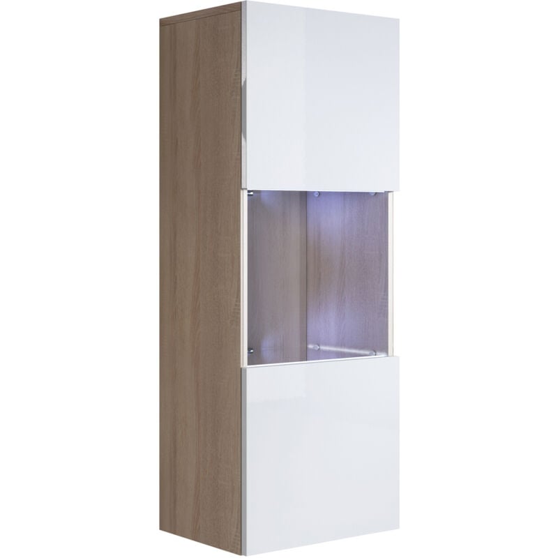 Vitrine murale 1 porte avec led Meuble de Rangement suspendu 40x126x29cm 3 compartiments Modèle Luke V3 Sonoma mat et Blanc Finition brillante
