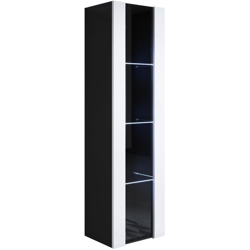 Vitrine murale 1 porte avec LED Meuble de Rangement suspendu 40x165x29cm 4 compartiments Modèle Luke V5 Noir et Blanc Finition brillante