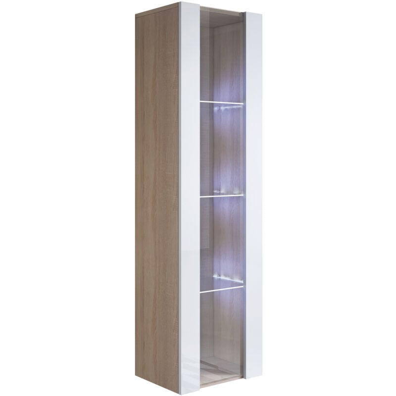 Vitrine murale 1 porte avec led Meuble de Rangement suspendu 40x165x29cm 4 compartiments Modèle Luke V5 Sonoma mat et Blanc Finition brillante