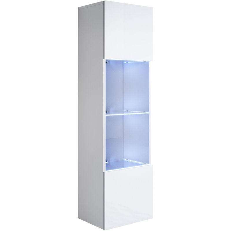 Muebles Bonitos - Vitrine murale 1 porte avec led Meuble de Rangement suspendu 40x165x29cm 4 compartiments Modèle Luke V6 Blanc Finition brillante